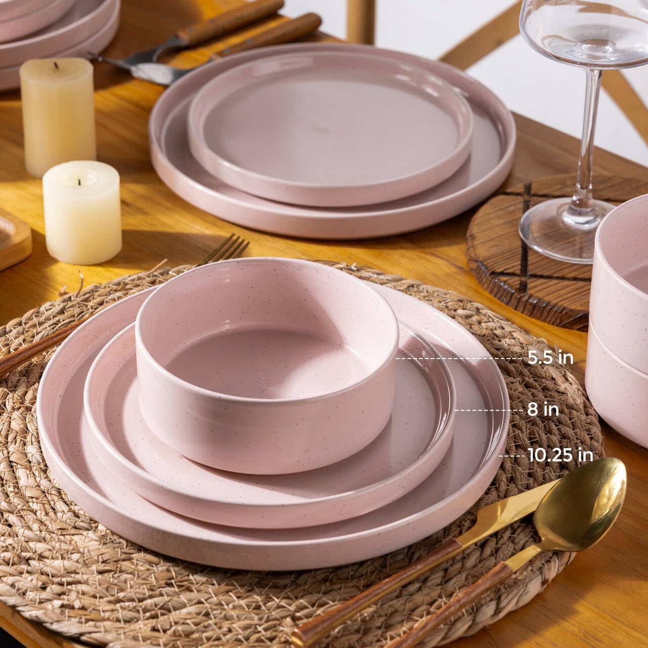 AmorArc Ceramic Dinnerware Set for 8 | Speckled Stoneware Plates and Bowls with Rustic Terracotta Underside| Scratch Resistant,Dishwasher & Microwave Safe Dishes Sets- 24pcs Pink