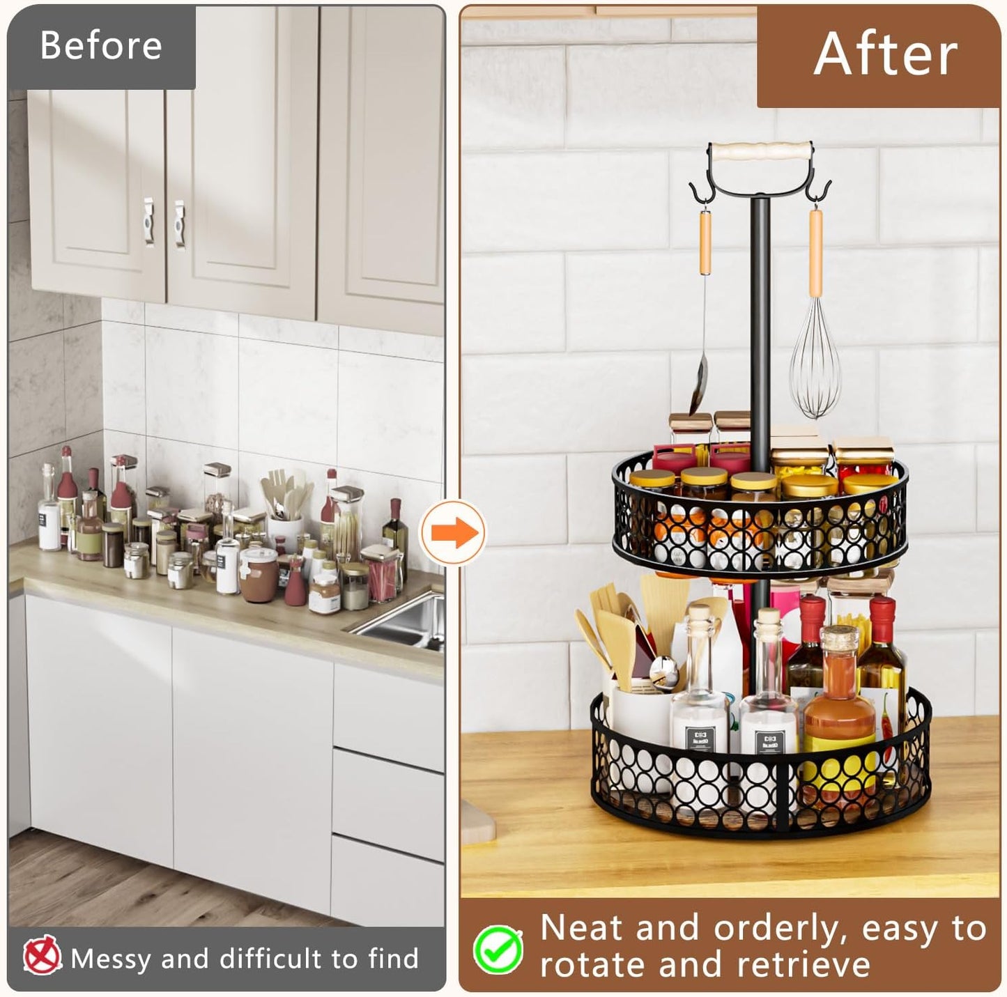 Heavy-Duty 2 Tier Lazy Susan Organizer, Upgraded DIY 3-in-1 Design Detachable Metal Rotating Spice Rack, Spice Organization for Kitchen Cabinet Countertop