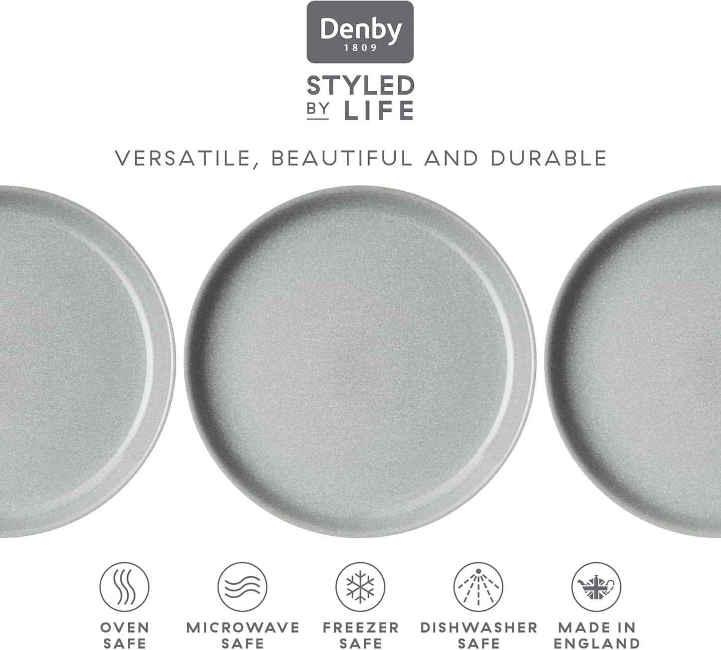 Denby - Elements Light Gray Coupe Salad Plates Set of 6 - Dishwasher Microwave Oven Safe - Scratch Chip Resistant Lunch, Appetizer, Dessert Plates - 8.25 Inch Ceramic Stoneware Dinnerware Set
