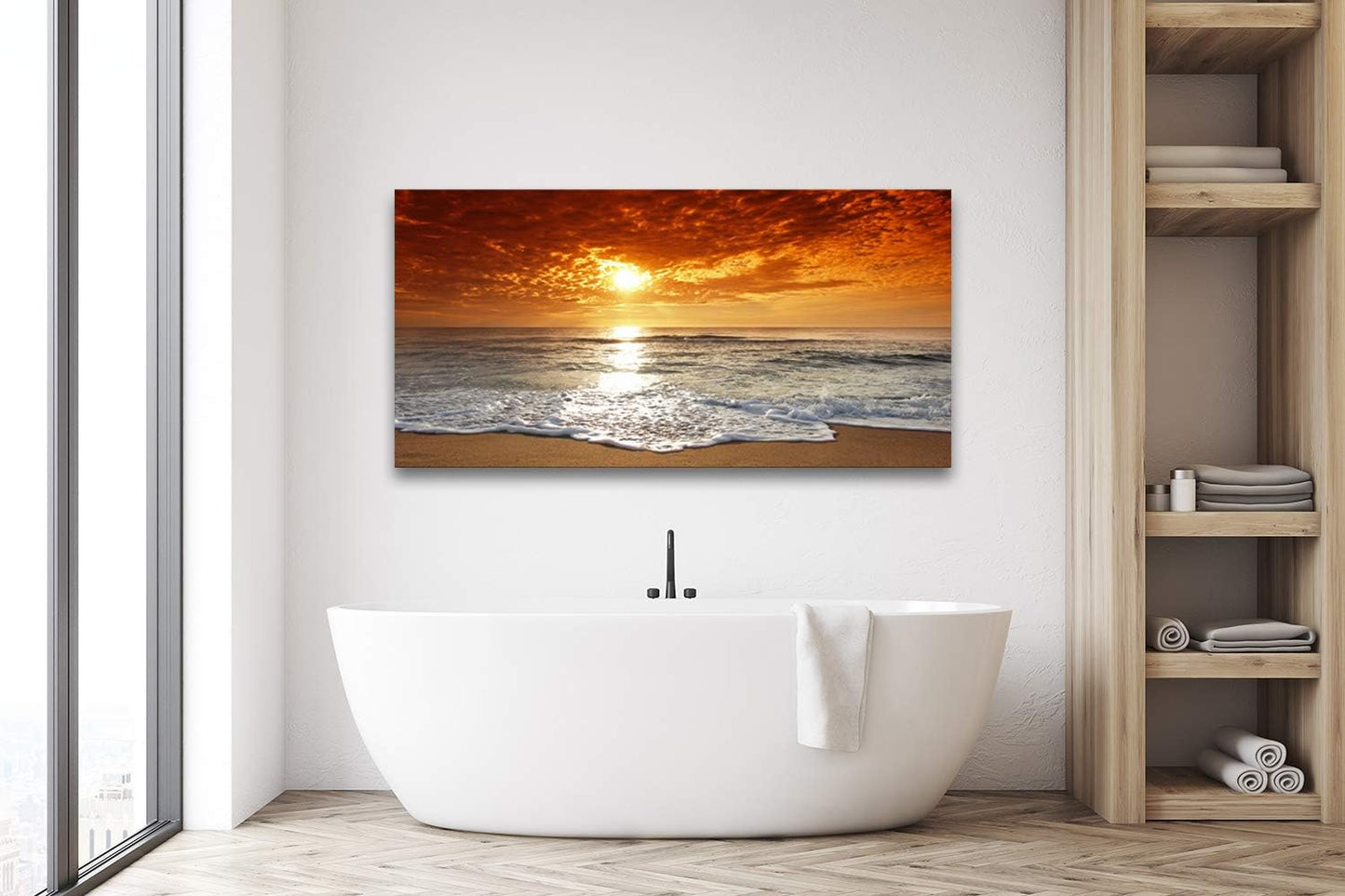 Muolunna S04662 Canvas Prints Wall Art Sunset Ocean Beach Pictures Photo Paintings for Living Room Bedroom Home Decorations Stretched and Framed Ready to Hang Seascape Waves Artwork 24x48inch