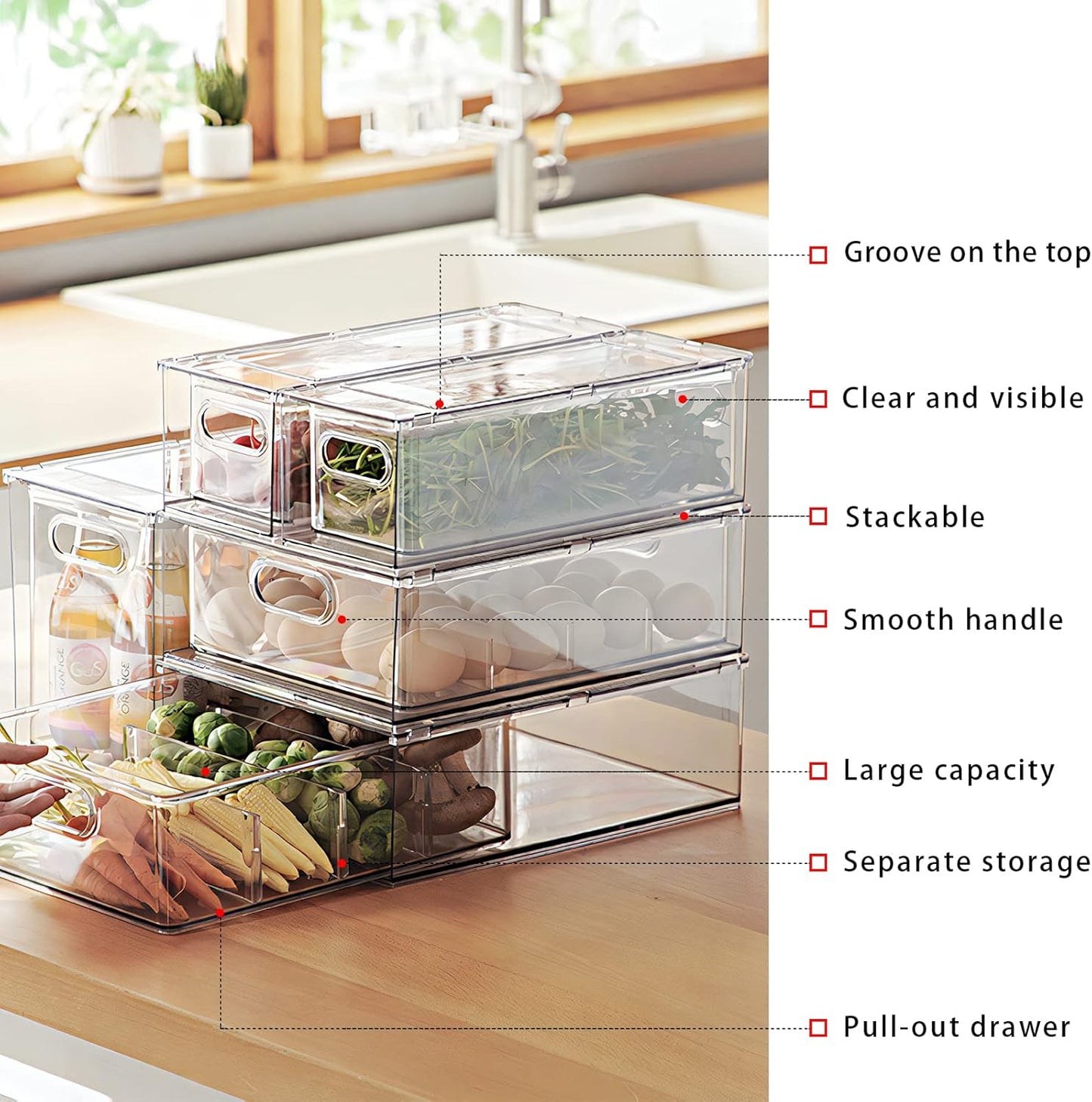 MANO Fridge Drawer Pull Out Stackable Bins with Handle Clear Refrigerator Drawers Organizer Food Storage Container Box Plastic Produce Saver for Pantry, Cabinet, Kitchen, Clothes（4Pack）