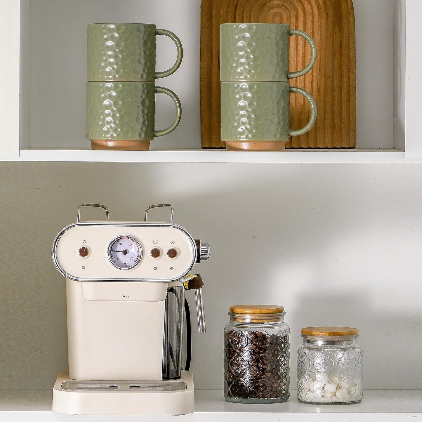 Nihow 16OZ Stackable Coffee Mug Set, Large Ceramic Coffee Mug Set of 4,Coffee Cup Set for Cappuccino/Latte/Cocoa,Dishwasher & Microwave Safe, Matte Green