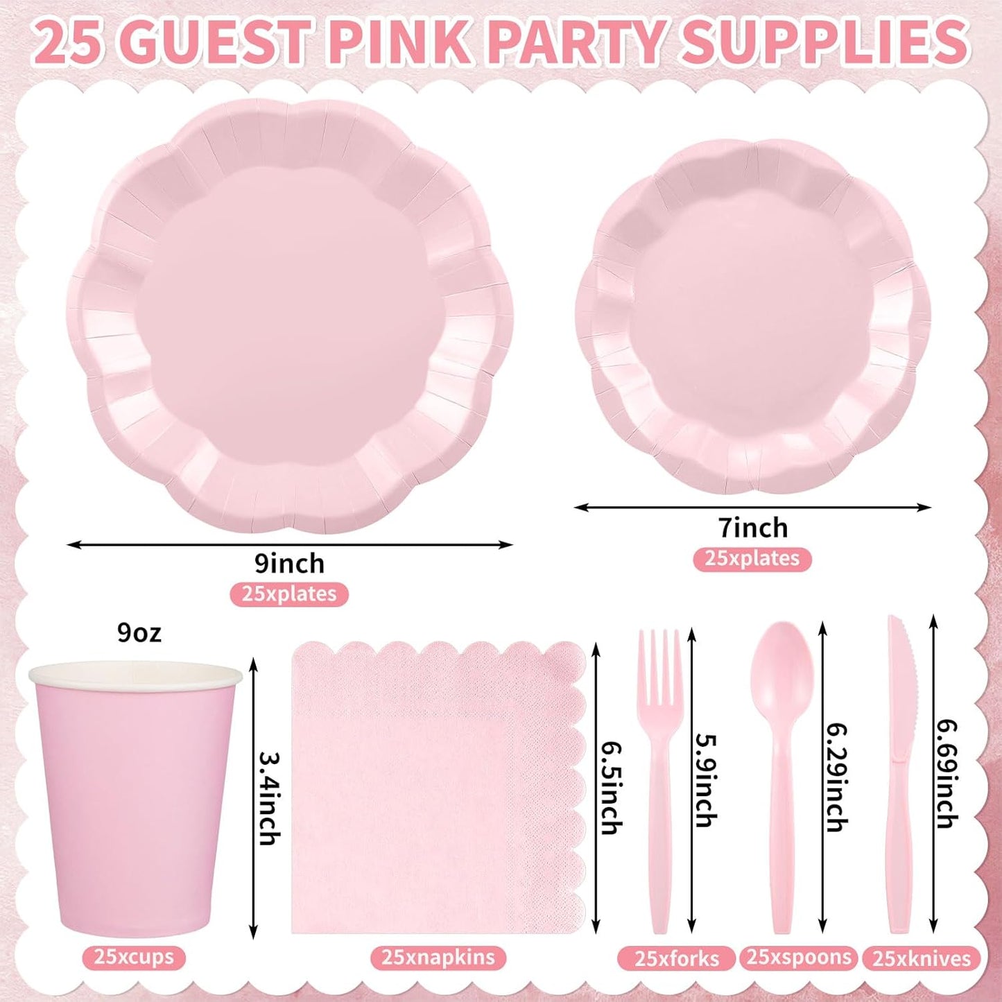 175 Pcs Pink Plates and Napkins Set, 25 Guest Pink Party Supplies Include Scalloped Plate Napkin Cup Forks Knives Disposable Plastic Cutlery for Wedding Baby Shower Birthday Party