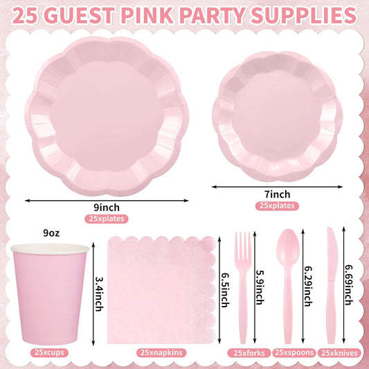 175 Pcs Pink Plates and Napkins Set, 25 Guest Pink Party Supplies Include Scalloped Plate Napkin Cup Forks Knives Disposable Plastic Cutlery for Wedding Baby Shower Birthday Party