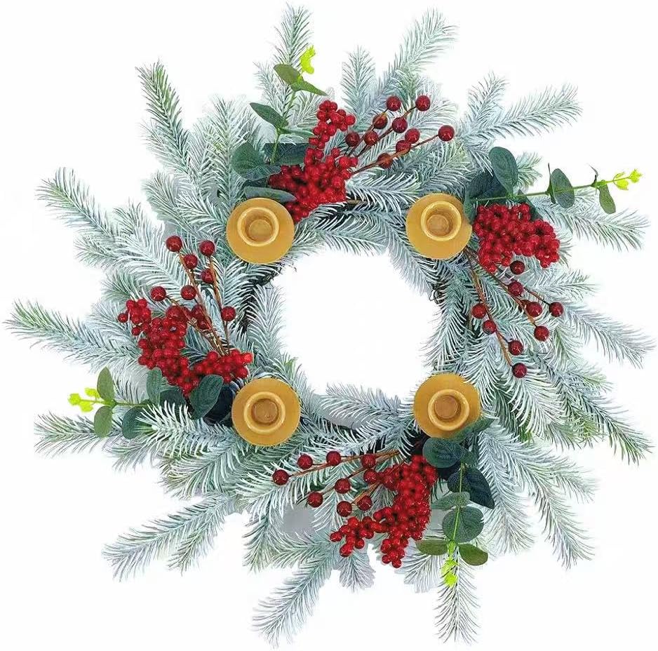 20Inch Christmas Cedar Candle Wreath for Front Door, Artificial Advent Candle Holder with Red Berries Greenery Leaves for Holiday Tabletop Wall Window Porch Candle Decor