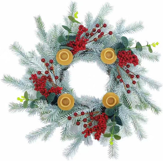 20Inch Christmas Cedar Candle Wreath for Front Door, Artificial Advent Candle Holder with Red Berries Greenery Leaves for Holiday Tabletop Wall Window Porch Candle Decor