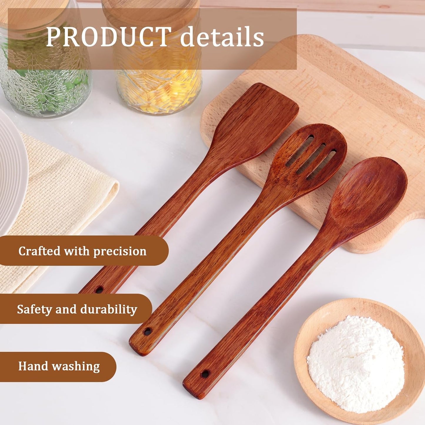 HANSGO Wooden Spoons for Cooking, 3PCS Wooden Kitchen Utensil Set, Wood Spatula Set for Stirring Frying Mixing Sauteing, Best Housewarming Gifts, 12inch