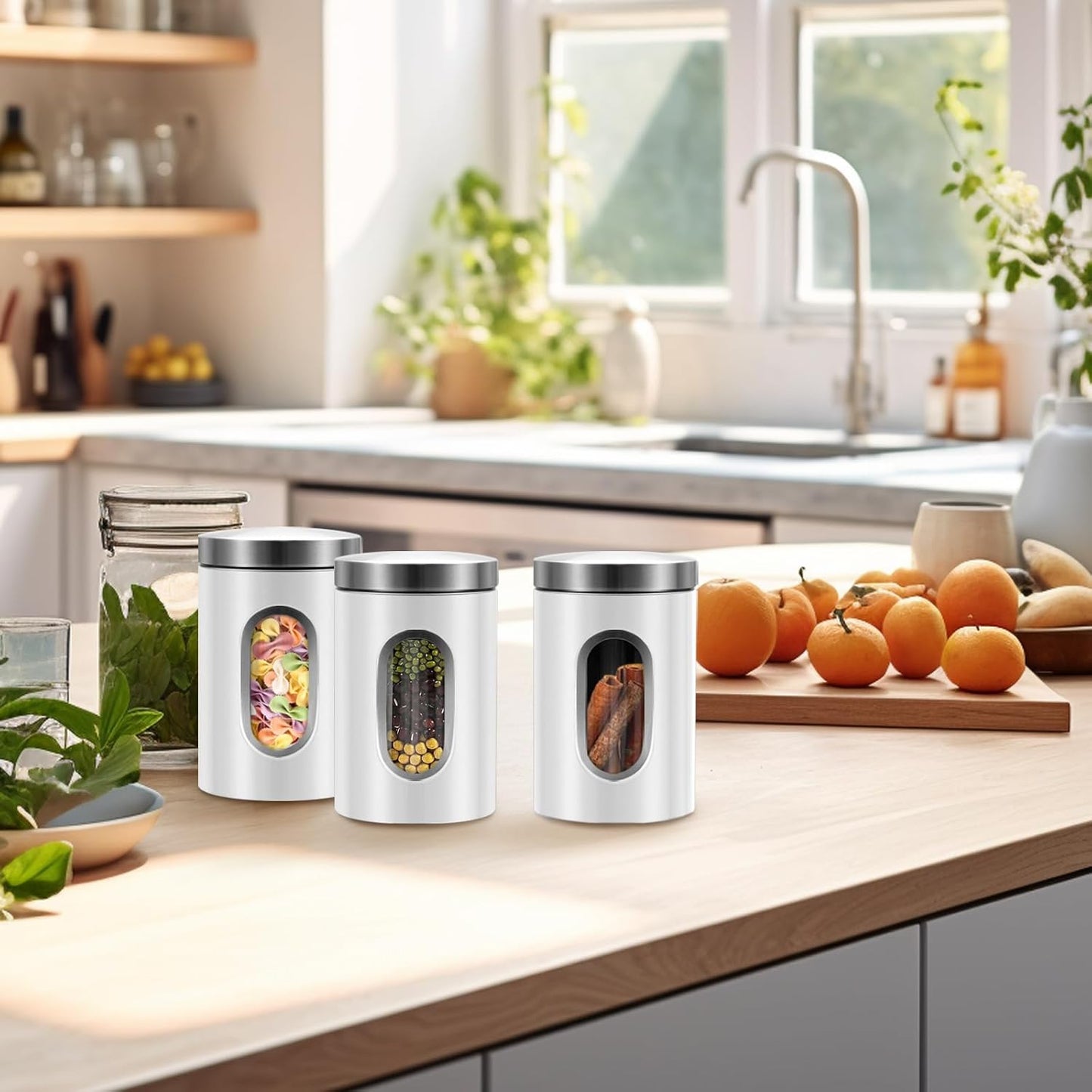 Canisters Sets for the Kitchen, 3pcs Sugar Flour Tea Coffee Storage Jars Stainless Steel Food Container Organizer for Kitchen Counter with Transparent Window (white)