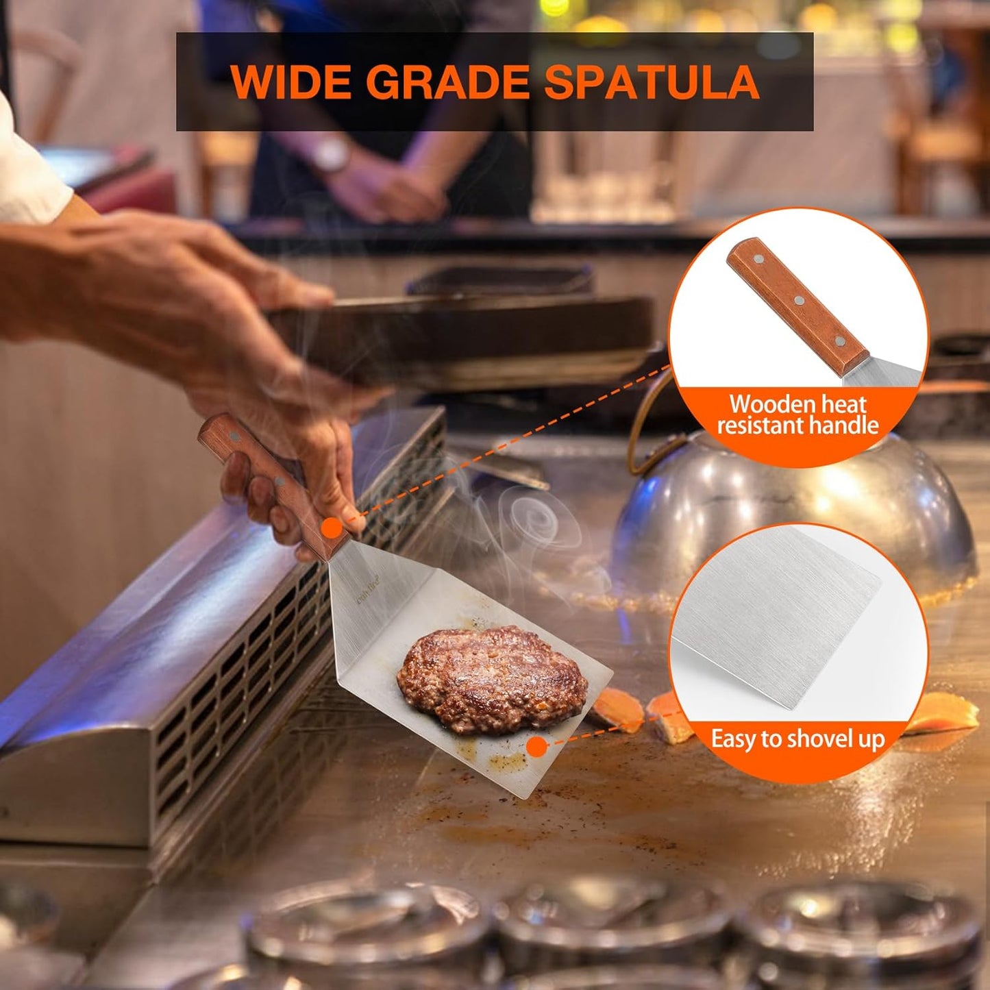 onlyfire Professional Barbecue Tool Kit Grill Griddle Tools Flat Top Griddle Accessories for Camping, Outdoor Hibachi, Backyard-Set of 5