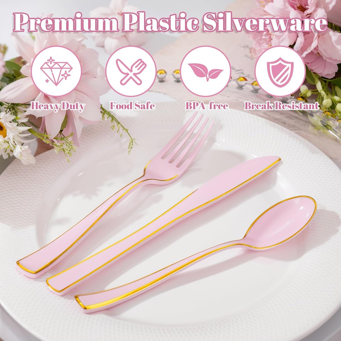 WDF 180 Pieces Pink Plastic Silverware with Gold -Pink Plastic Utensils Set - 60 Guest Pink Cutlery Disposable for Birthday/Party/Wedding