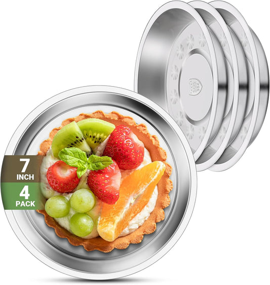 Patterned Deep Stainless Steel Plates, 4 Set 7 inch 304(18/8) Metal Food Serving Plate, Reusable Snack Eating Dishes Round Shatterproof Silver Dinnerware for BBQ Dinner Oven Dishwasher Safe