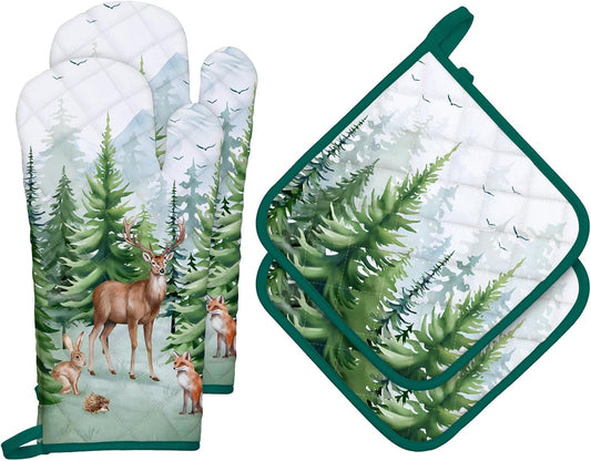 Woodland Deer Oven Mitts and Pot Holders Sets 4Pcs, 100% Cotton Heat Resistant, Extra Long Oven Gloves Potholder for Kitchen Cooking Baking Decoration