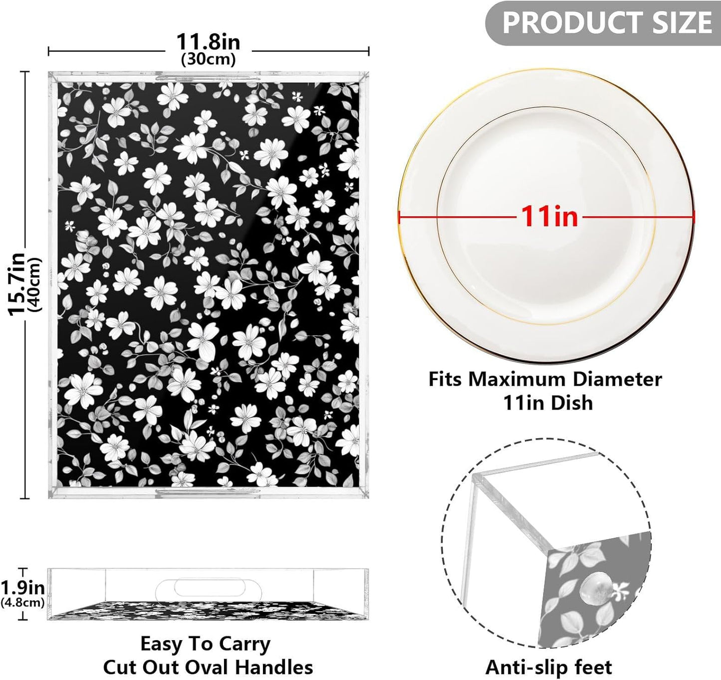 Acrylic Serving Tray with Handles Spill Proof Kitchen Storage Tray Clear Decorative Tray Makeup Drawer Organizer Storage Tray for Bathroom Living Room Ottoman 15.7x11.8Inches