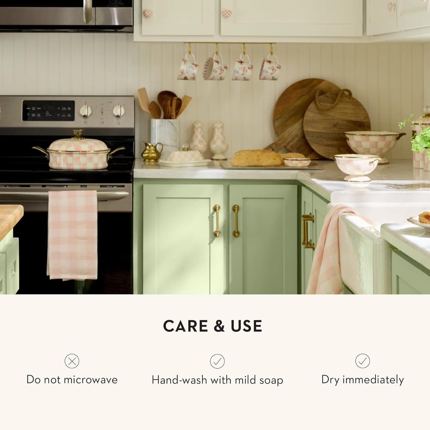 MACKENZIE-CHILDS Enamel Bowl, Serving Bowl for Entertaining, Almost Everything Bowl, Medium, Pink-and-White Rosy Check