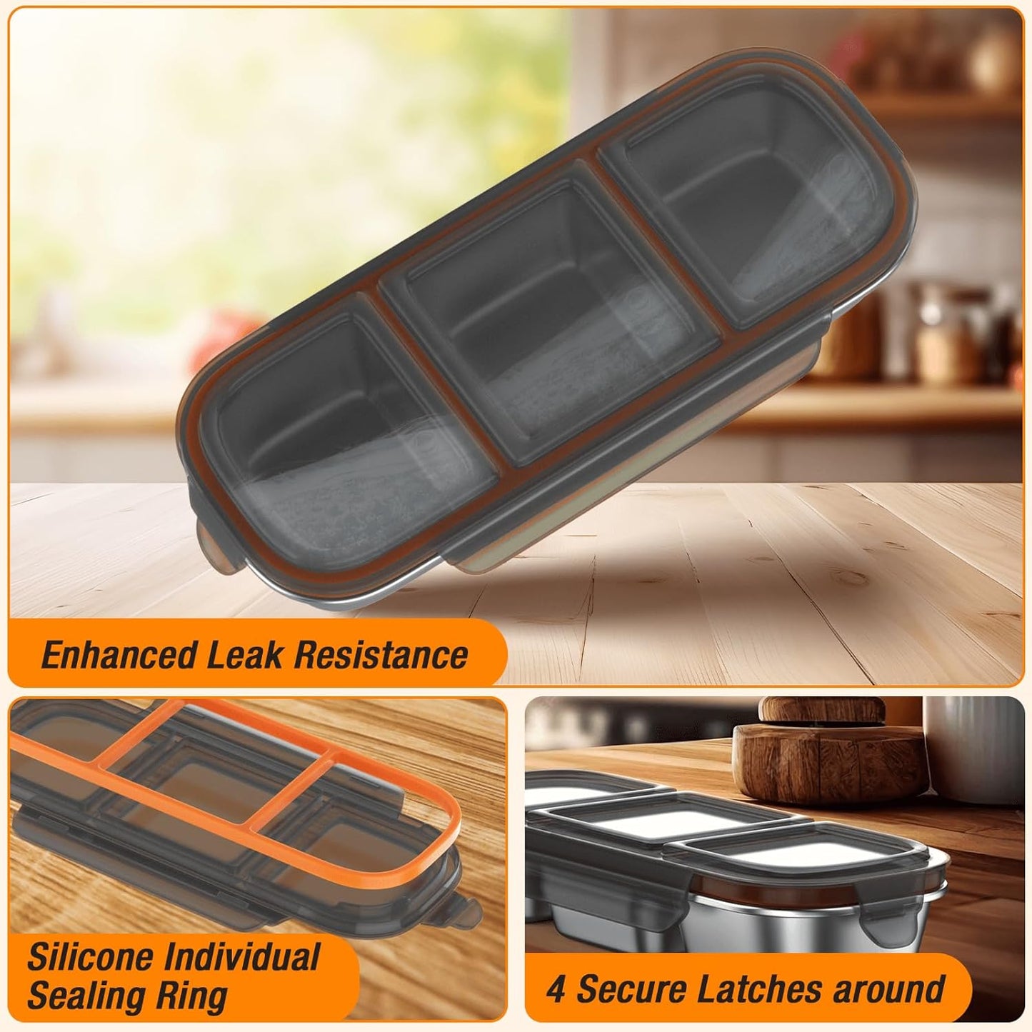 Stainless Steel Snackle Box Container - 3 Compartment Reusable Snack Containers with Lids for Kids, Leak-Resistant Divided Snack Food Storage Containers for School, Office, Travel (Gray)