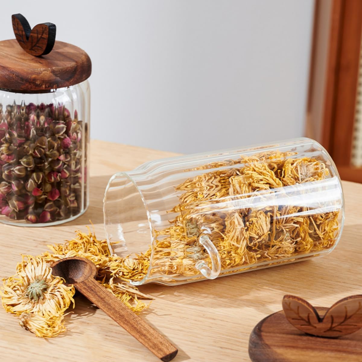 ANSQU 27oz Glass Jar with Wooden Lid and Spoon, 2 Pack Food Storage Containers Coffee Jar Coffee Grounds Container, Glass Food Storage Canister