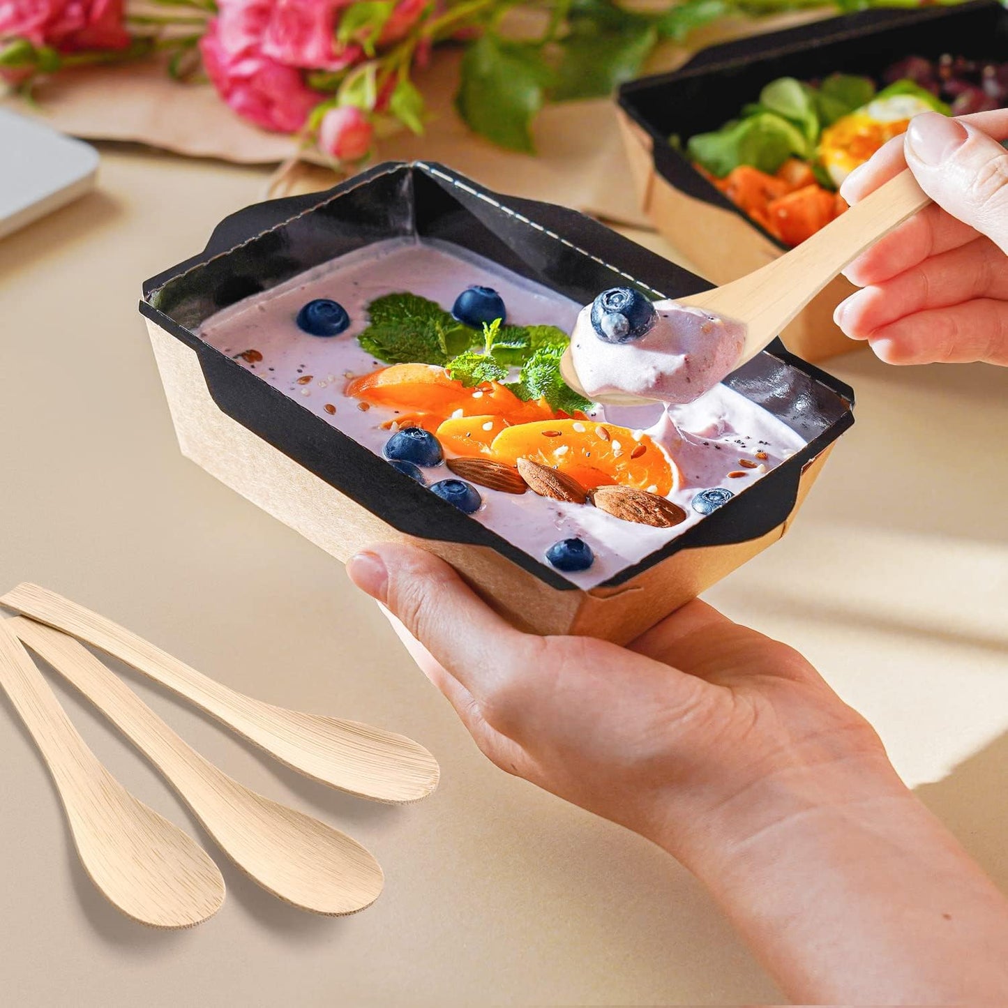 Bamboo Utensils Disposable -100PK Bamboo Soup Spoons 6.7" Disposable Compostable Spoons for Eating 100% Biodegradable Renewable Natural Travel Cutlery