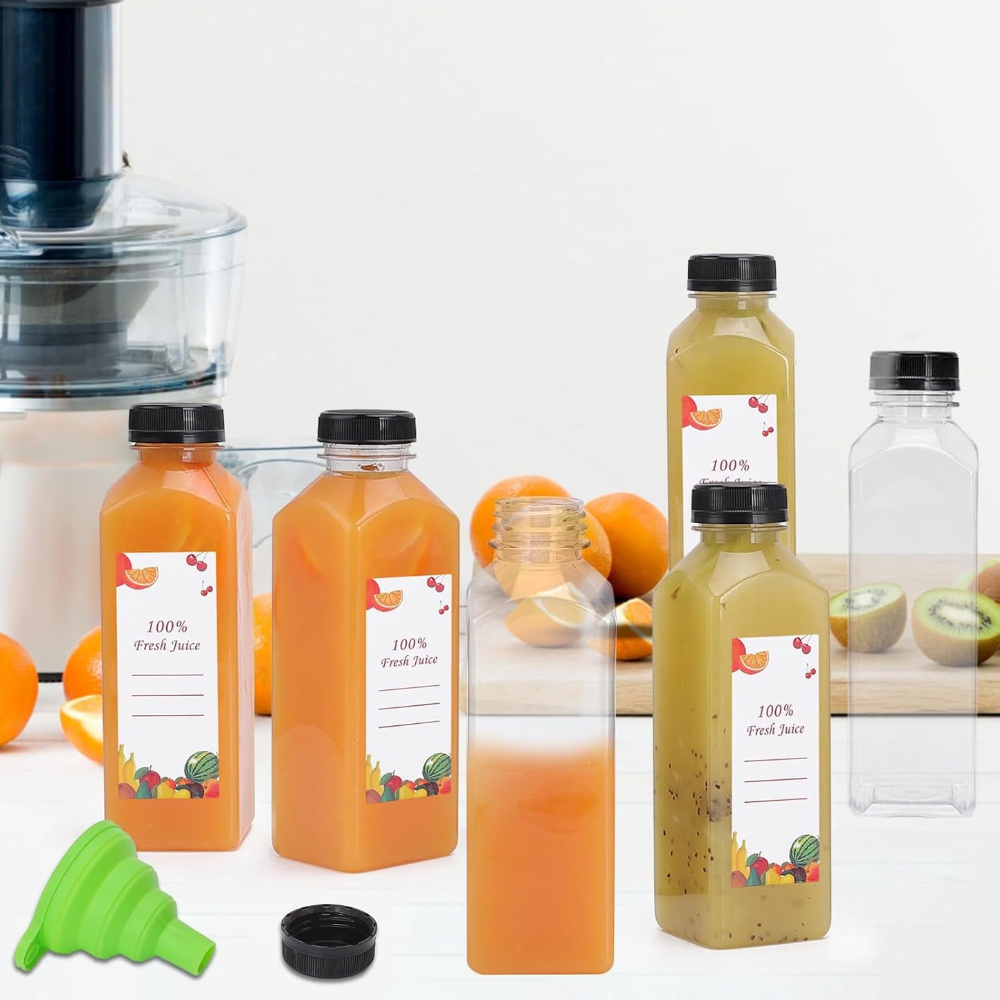 Plastic Juice Bottles 150 pcs 16 oz Empty Plastic Water Bottles with Caps Reusable Clear Beverage Containers for Drinking, Juicing, Smoothie, Water with 2 Brushes, 2 Funnels (16-OZ)