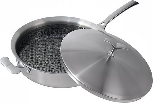 12 Inch Frying Pan Non Stick with Lid, Tri-ply Stainless Steel Saute Pan 5.2QT with Stainless Steel Lid, Fast and Even Heating Stay Cool Handles Induction Dishwasher & Oven Safe PFOA Free Cookware