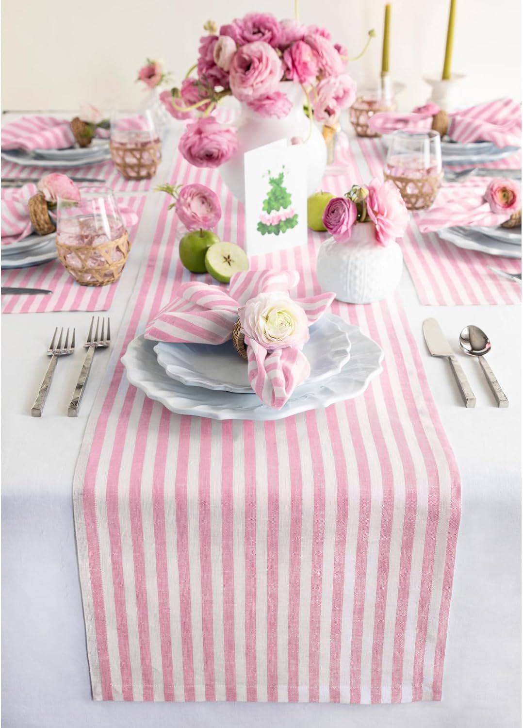 Solino Home Linen Table Runner 144 Inches Long - Amalfi Stripe, 100% Pure Linen Cherry Blossom and White Table Runner 14 x 144 Inch for Dining