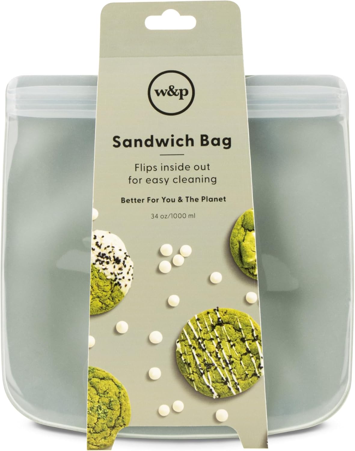 W&P Porter Silicone Reusable Storage Bag, Sandwich (34oz Flat), Sage, Food Storage Container, Microwave and Dishwasher Safe, Easy Cleaning