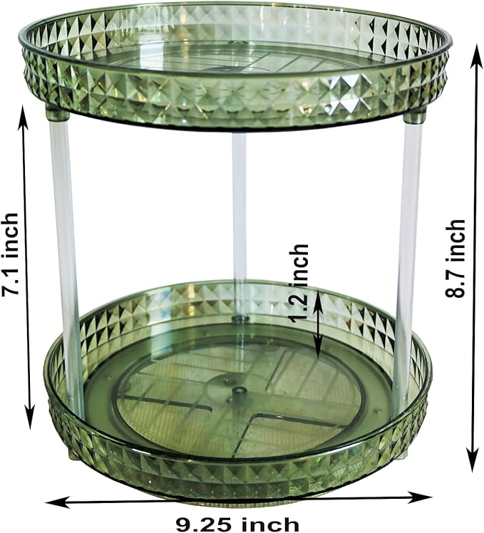 2 Tier Diamond Lazy Susan Bathroom Organizer Countertop, 9.25Inch Clear 360 Rotating Makeup Organizer for Cabinet, Kitchen, Pantry, Countertop, Bathroom, Skincare Perfume Organizer and Storage