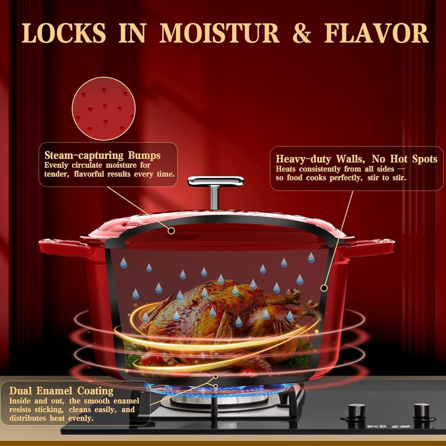 Dutch Oven Pot with Lid - Cast Iron Dutch Oven for Bread Baking Sourdough, Casserole and Braiser with Crab Lid, Square Knob, Nonslid Handles - Red