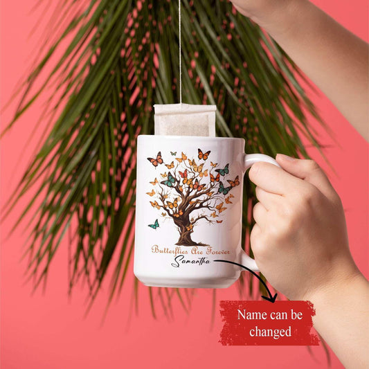 Personalized Name On Butterflies Are Forever Travel Cups, Custom Unique Butterfly Ceramic Tea Mugs, Customized Meaningful Animal Coffee Cups For Friends On Occasions 11oz 15oz