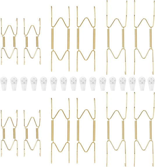 12-Pack Invisible Wall Plate Hangers, 4/6/8 Inch Brass Plate Holders with 16-Pack Wall Hooks