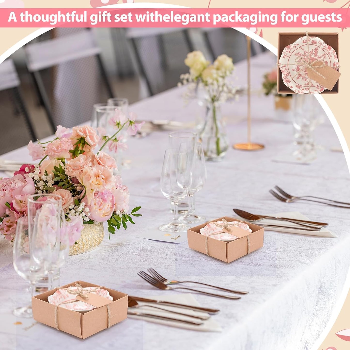 24 Pcs Wedding Favors for Guests Small Ceramic Bowl Bulk Gifts Set 3.3 Inch Floral Design Mini Dipping Bowl Sauce Dish with Cards Box for Bridal Baby Shower Birthday Guest Gift (Pink)