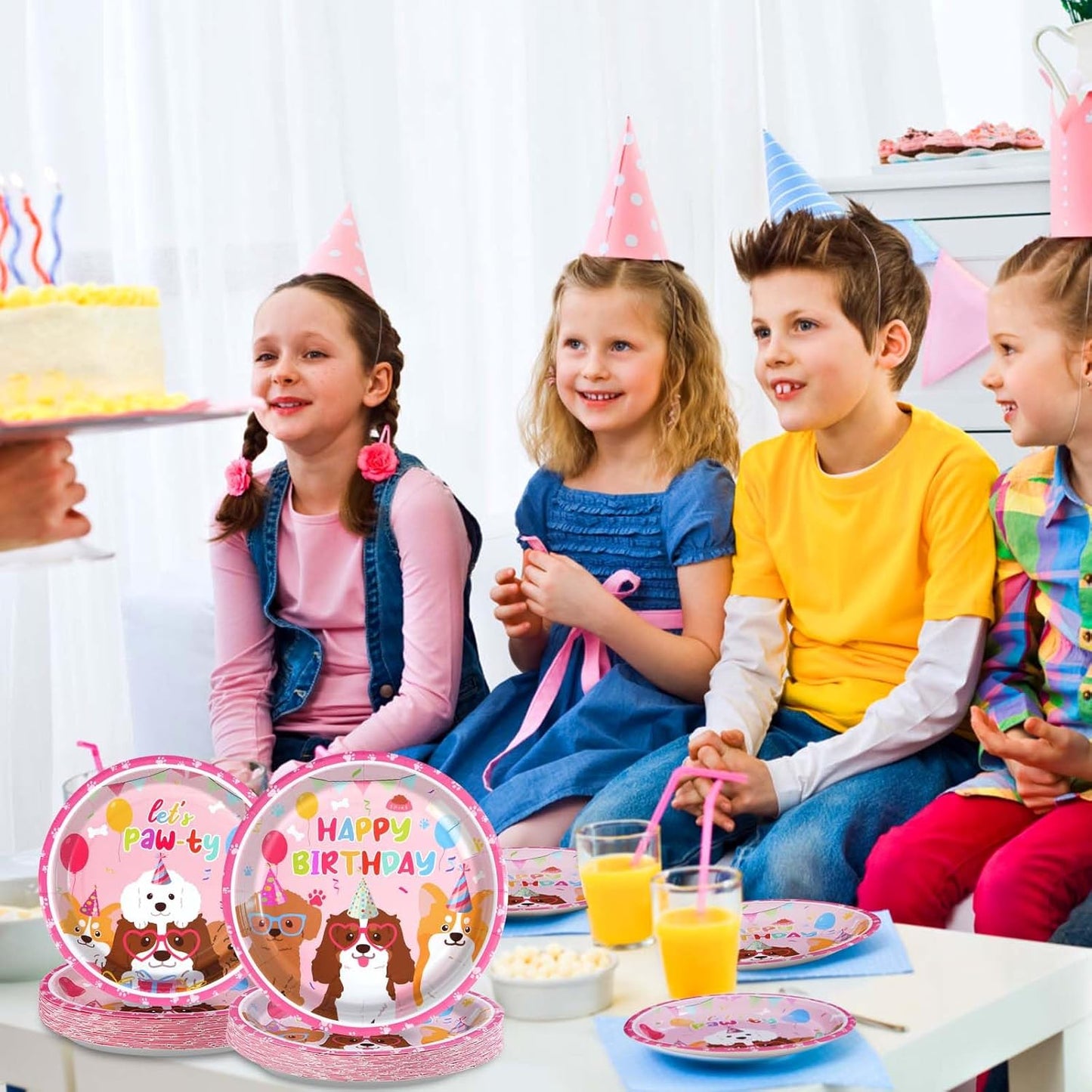 Grencian 96 Pcs Dog Birthday Party Supplies Puppy Tableware Set Disposable Dog Paper Plates Napkins Forks Pink Dogs Themed Party Decorations for Lets Pawty Puppy Birthday Decorations Serves 24