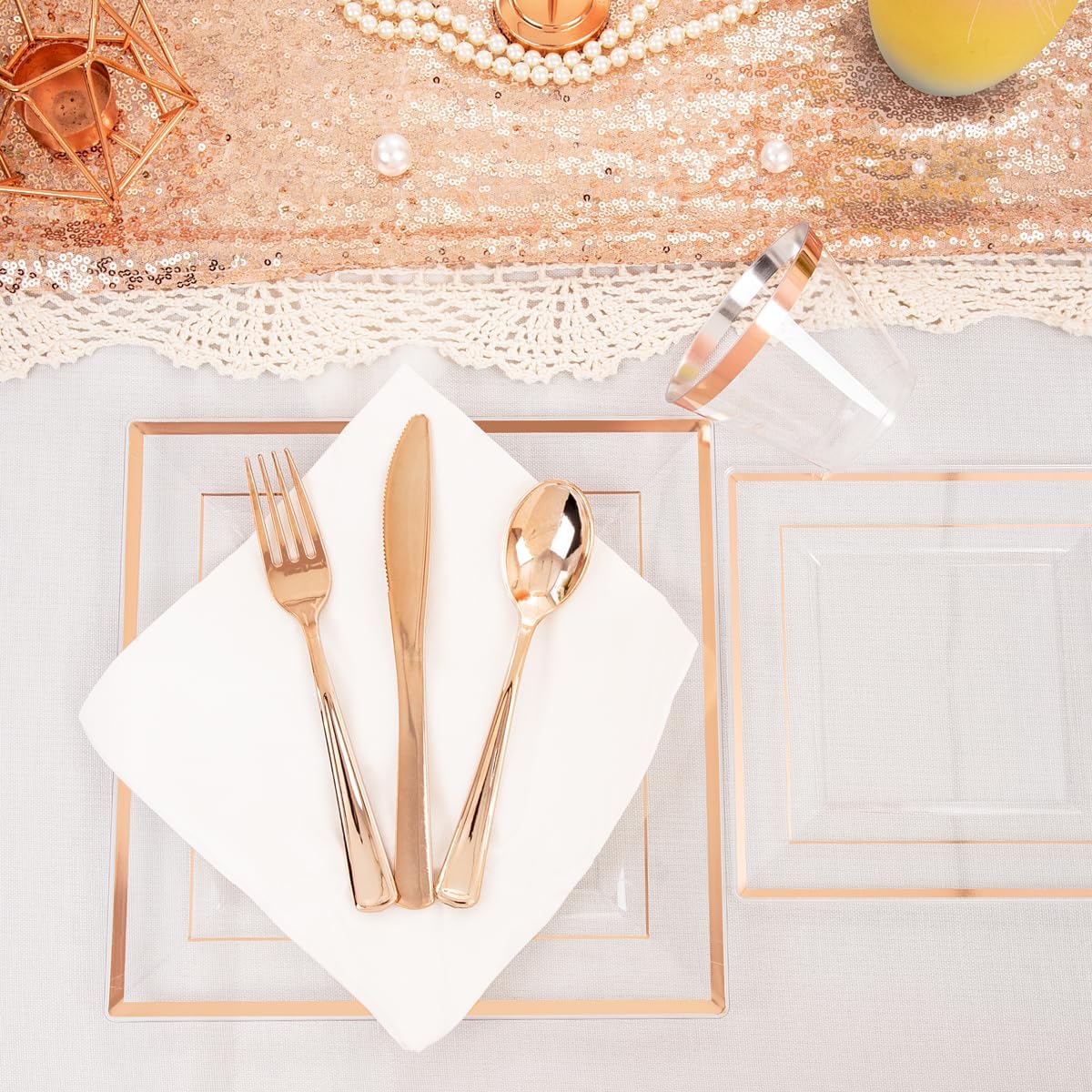 DaYammi 175 PCS Rose Gold Plastic Plates, Rose Gold Plastic Dinnerware Sets Includes: 25 Dinner Plates, 25 Salad Plates, 25 Pre Rolled Napkins with silverware 25 Cups 9 OZ, Perfect for Valentine's Day