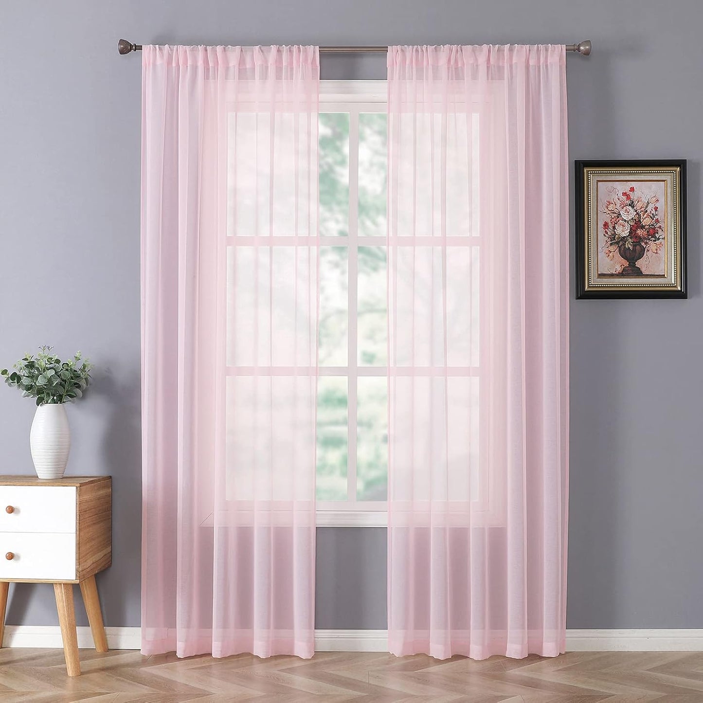 Tollpiz Sheer Curtains Linen Textured Bedroom Curtain Sheers Light Filtering Rod Pocket Voile Curtains for Living Room, 54 x 84 inches Long, Pink, Set of 2 Panels