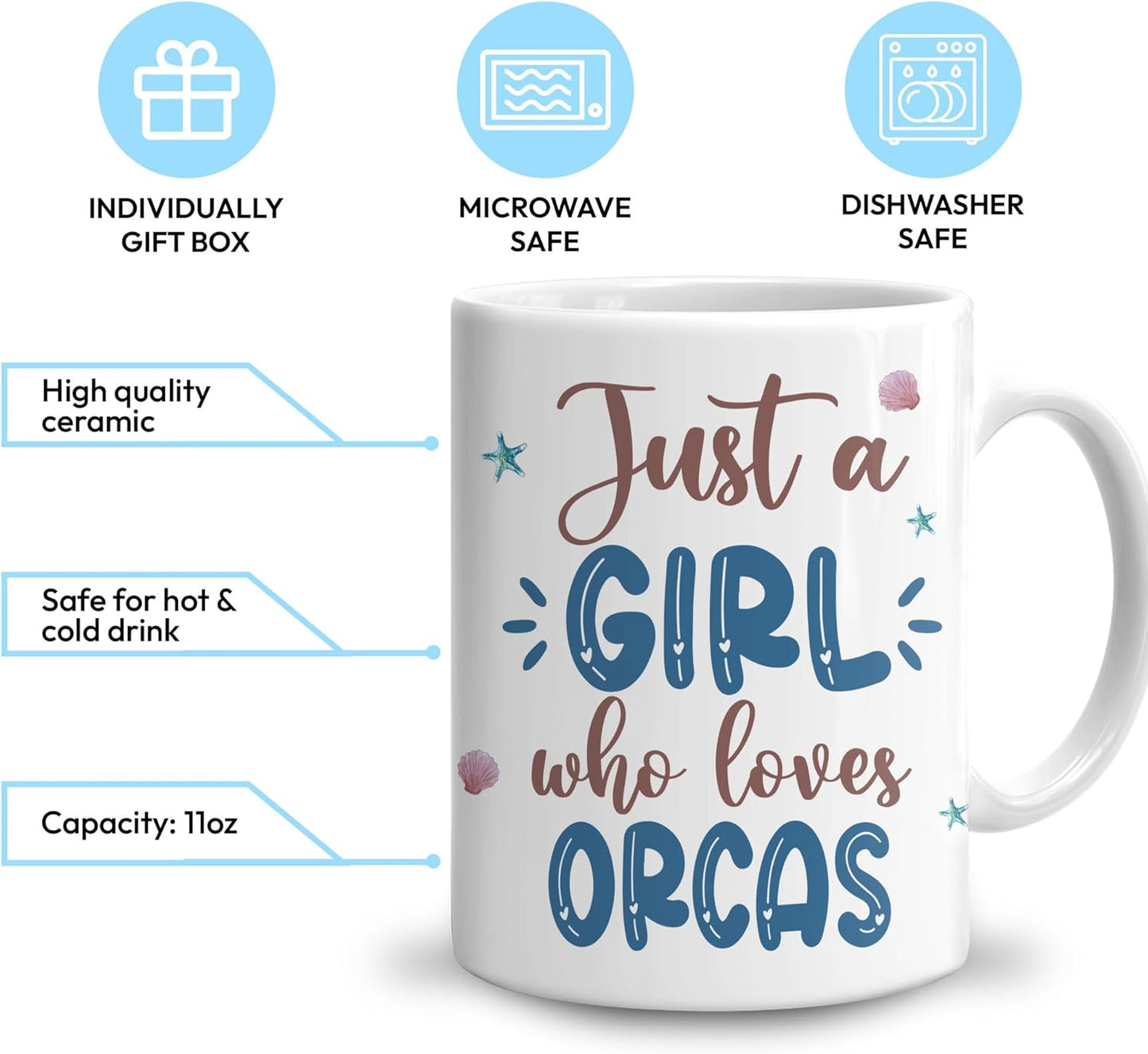 Hyturtle Personalized Gifts Orca Lover - Just A Girl Who Loves Orcas Custom Name Ceramic Coffee Mug Cup 11oz - Idea Cute Sea Animal Lover Gifts For Women, Girl Daughter On Birthday, Christmas