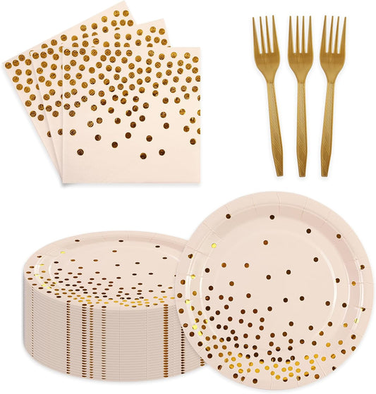 90PCS Pink and Gold Paper Plates Napkins Set, Disposable Gold Dot Party Plates with Napkins Forks Dessert Dinnerware Party Supplies for Wedding, Graduation, Festivals