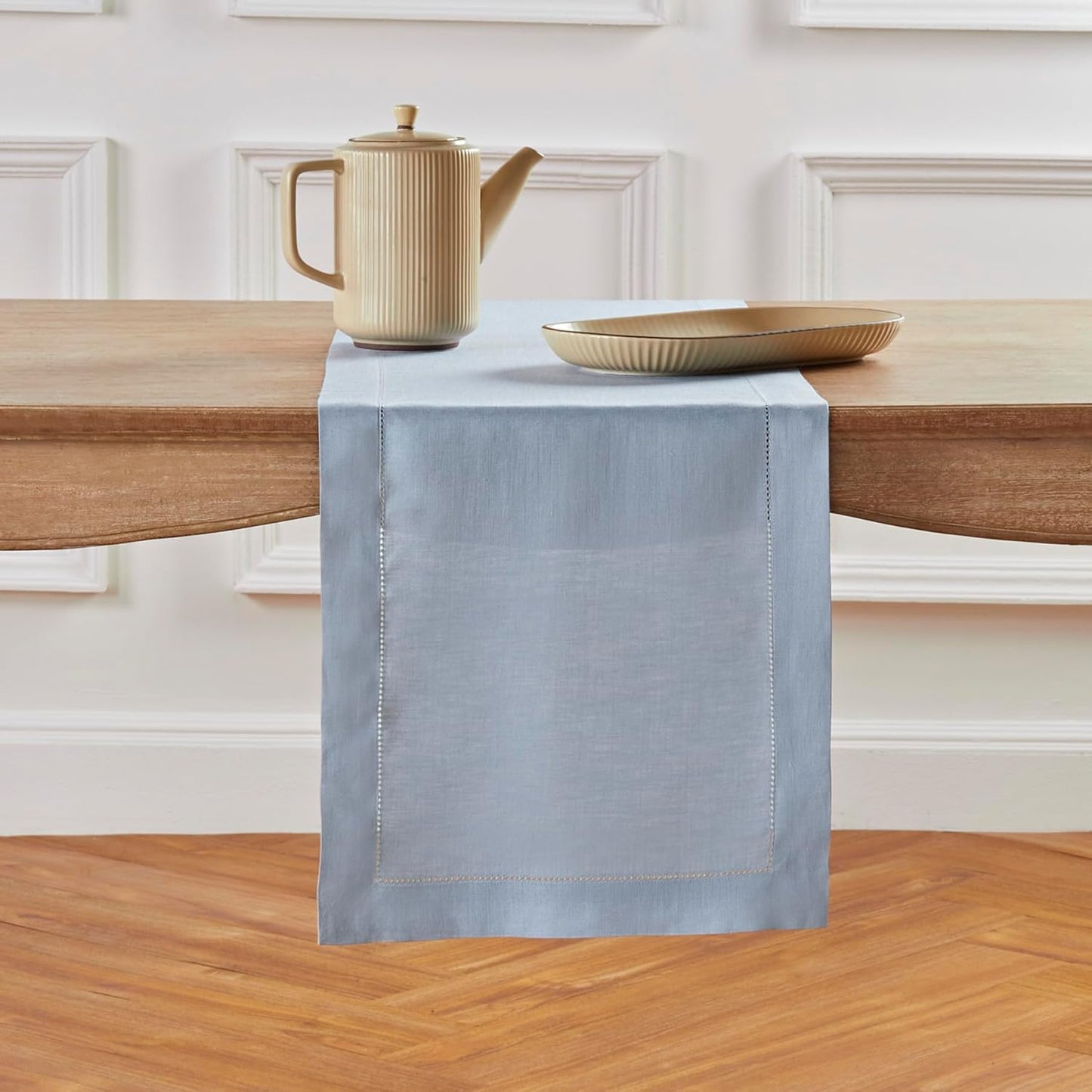 Solino Home Linen Dusty Blue Table Runner 72 Inches Long - 100% Pure Linen Hemstitch Table Runner 14 x 72 Inch for Dresser, Dining, Fall, Autumn, Halloween, Thanksgiving - Classic Hemstitch