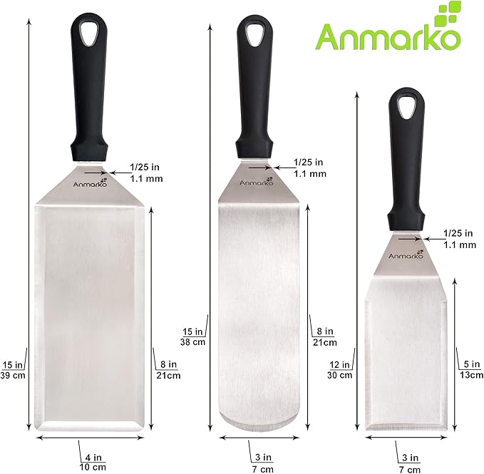 Anmarko Griddle Spatula Set - Stainless Steel Metal Spatula and Griddle Scraper - Heavy Spatula Griddle Accessories Great for Cast Iron Griddle BBQ Flat Top Grill - Commercial Grade