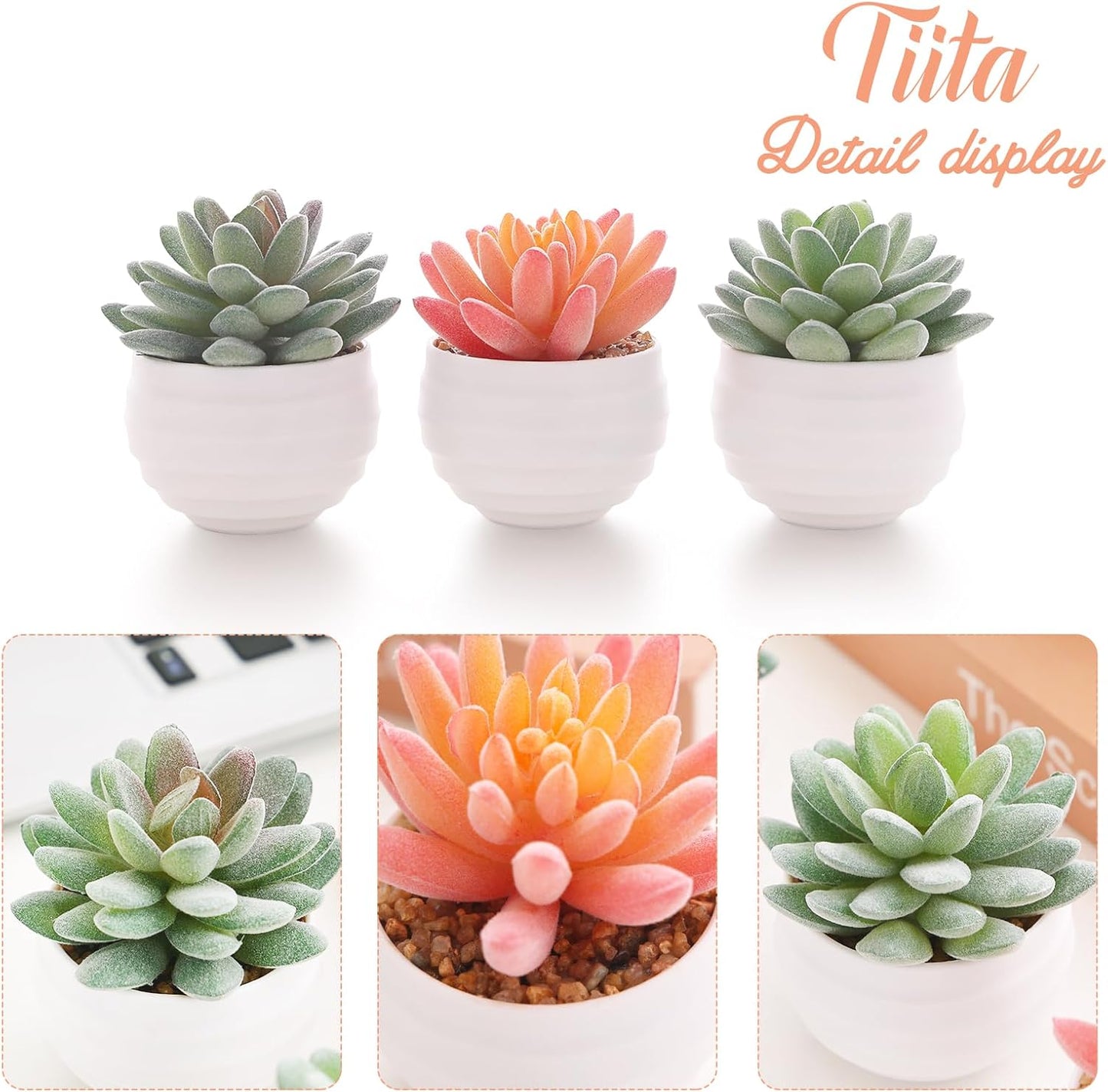 Tiita Artificial Faux Succulents in Pots Fake Plants Ceramic Arrangement Planter for Women Desk Small Mini Tiny Decoration for Home Office Desk Window
