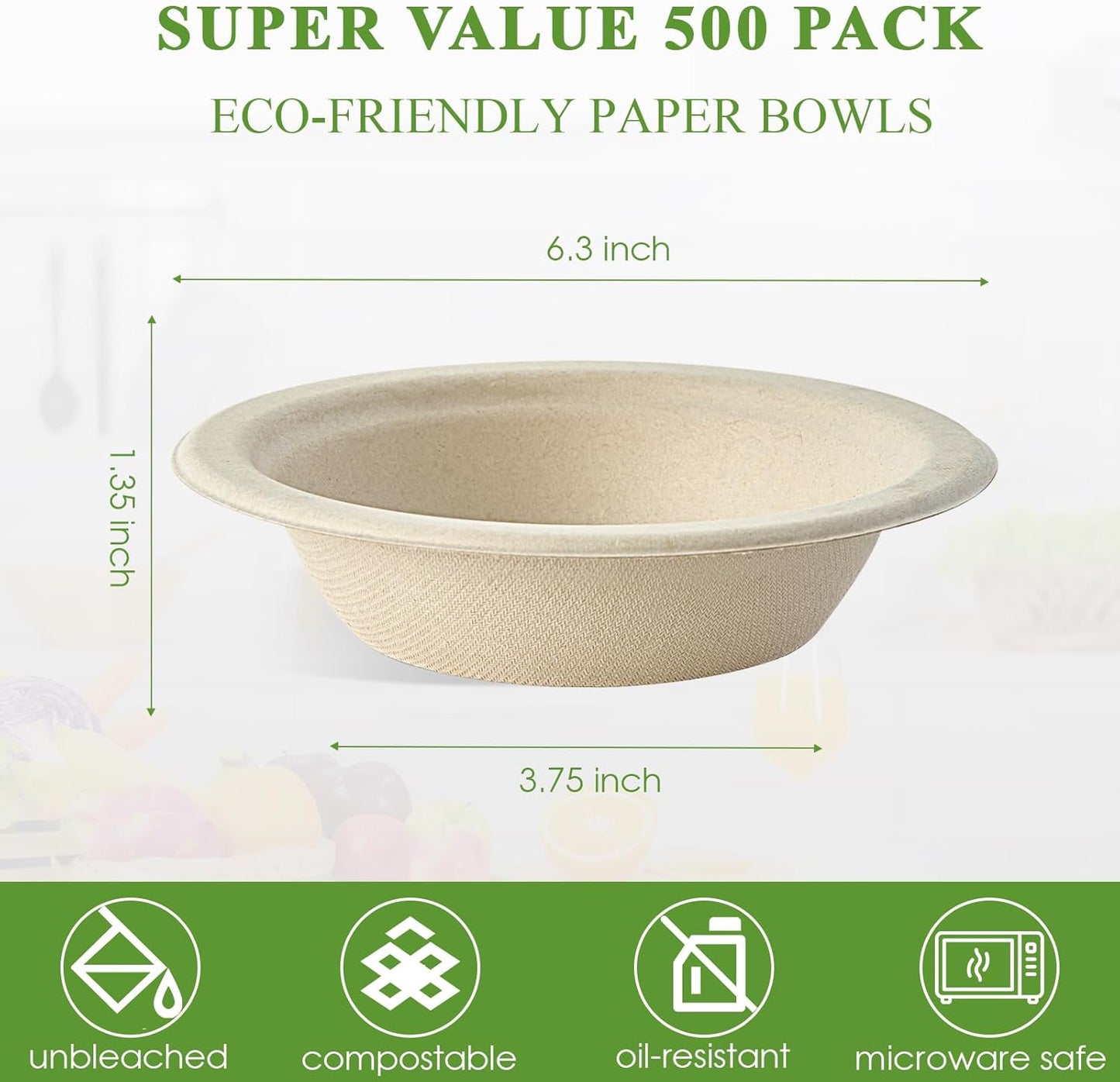 Vplus 500 Pack 12 OZ Paper Bowls Bulk, Disposable Compostable, Eco-friendly Bagasse, Heavy-duty Bowls Perfect for Milk Cereals, Snacks, Salads Nature