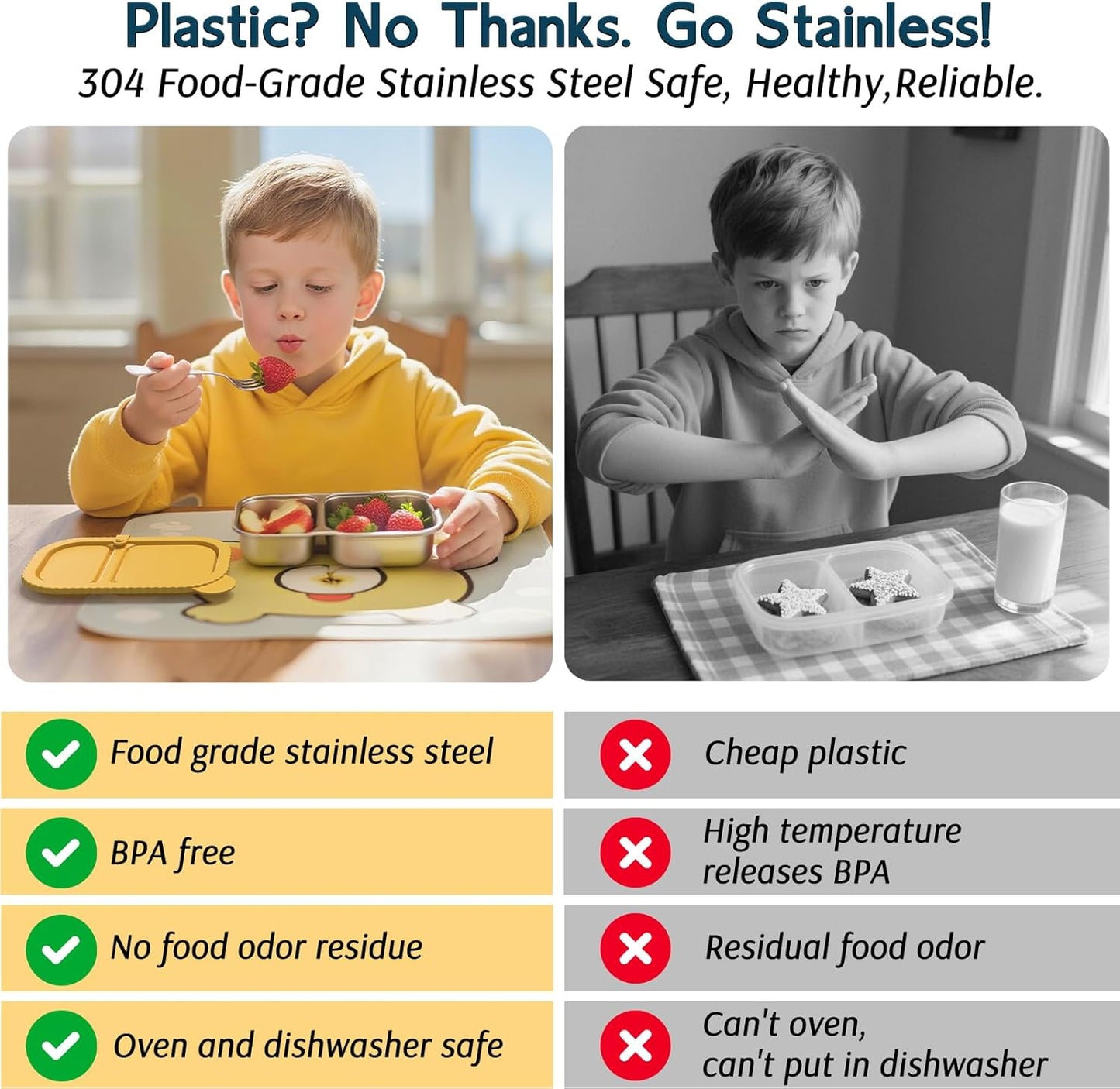 3 Pack Stainless Steel Snack Containers with Silicone Lids, Reusable 2 Compartment Food Storage Containers, Stainless Steel Box for School, Office, Travel