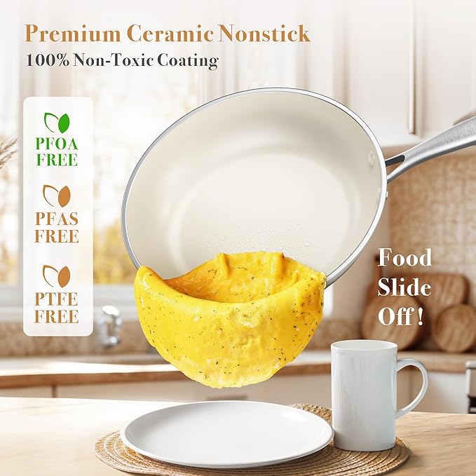 PekGema Ceramic Pots and Pans Set, 16 Pcs Cookware Set Non Toxic, Nonstick Kitchen Cookware, Oven Safe Cooking Pan Set, PFAS PTFE PFOA FREE, Cream White