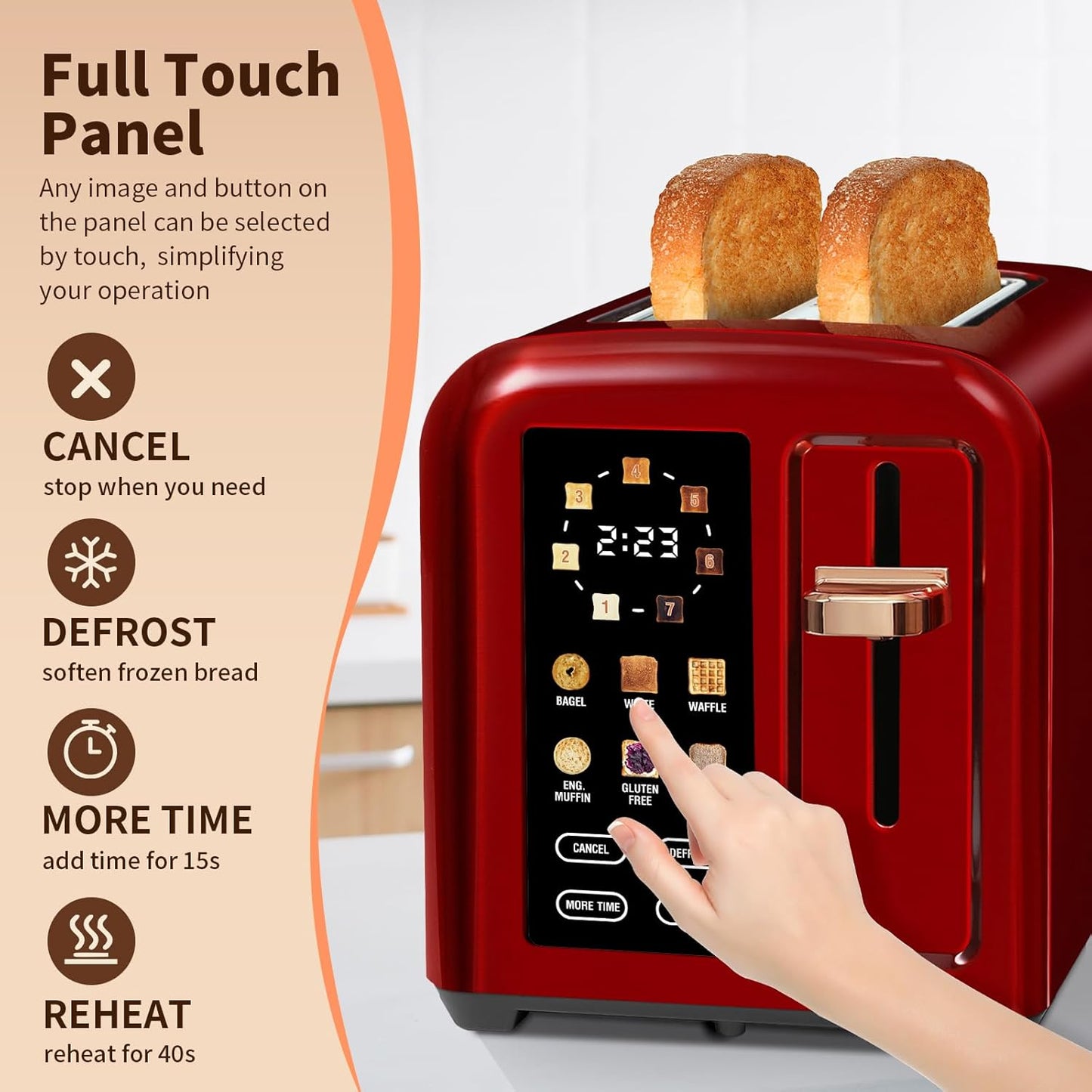 SEEDEEM Toaster 2 Slice, Touch Control Stainless Toaster LCD Display, 50% Faster Heating Speed, 1.4'' Wide Slots, More Timer Functions, Removable Crumb Tray, 1350W, Dark Cherry