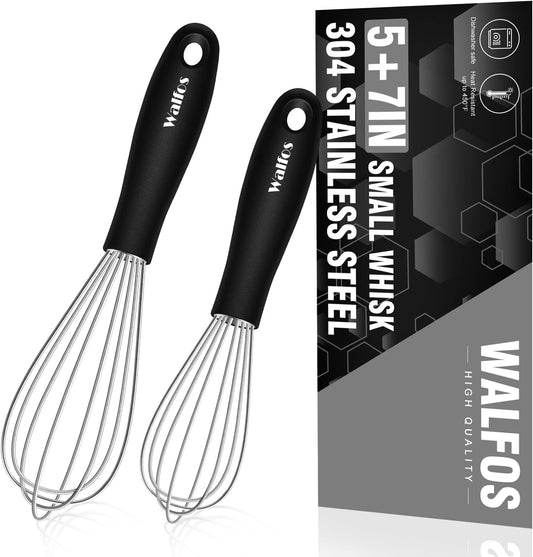 Walfos Mini Stainless Steel Whisk for Cooking - Heat Resistant Kitchen Whisks for Non-stick Cookware, Balloon Egg Beater Perfect for Blending, Whisking, Beating, Frothing & Stirring, 5+7in/12+17cm