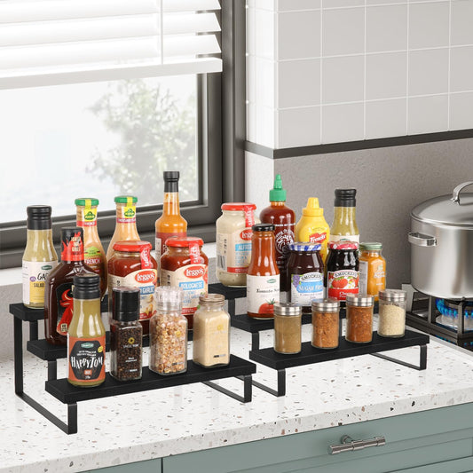 YINMIT Wooden Display Riser Stand, Tiered Perfume and Cologne Organizer Stand, 3 Tier Spice Rack Organizer, Rustic Display Shelf for Candles (3 Tier,2Pack,Black)