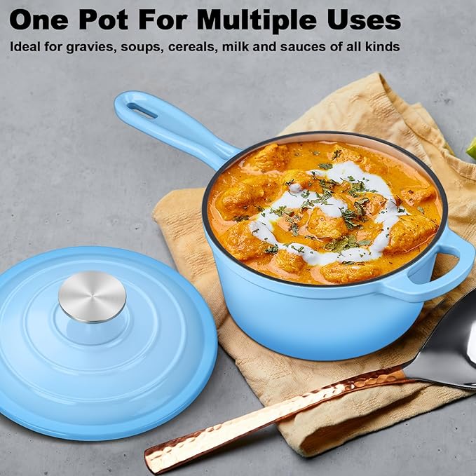 Enameled Cast Iron Sauce Pan with Lid, Leonyo 1 Quart Saucepan with Lid, Small Enamel Cast Iron Dutch Oven Kitchen Cookware for All Cooktops Cooking Soup, Milk - Up to 500°F & 4.4Lbs, Lake Blue