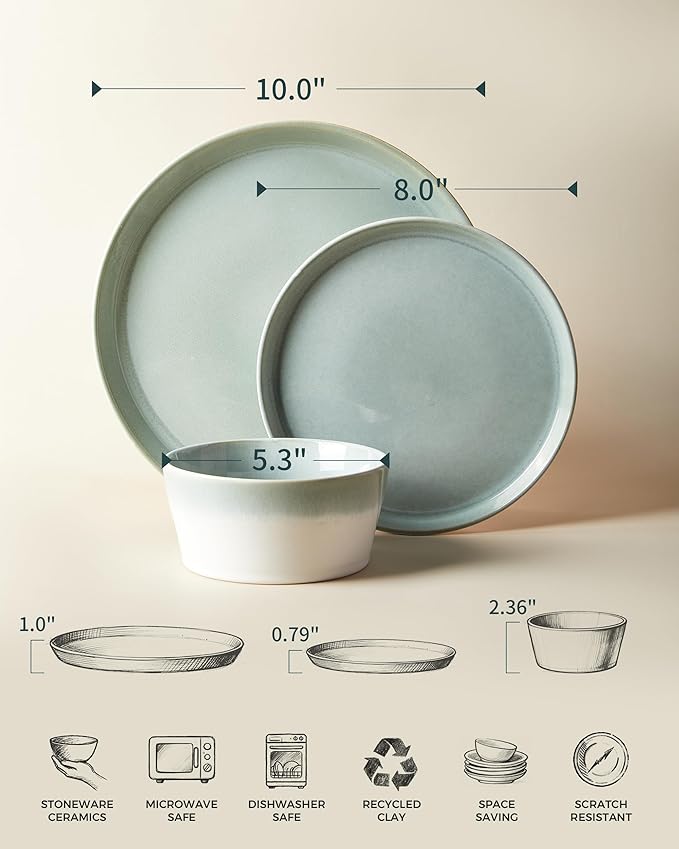 Dinnerware Sets for 4, Ceramic Plates and Bowls Set, Modern Artisan Dish Set, Microwave & Dishwasher Safe Dishware Set, Chip & Scratch Resistant Dinner Sets, Gradient Green