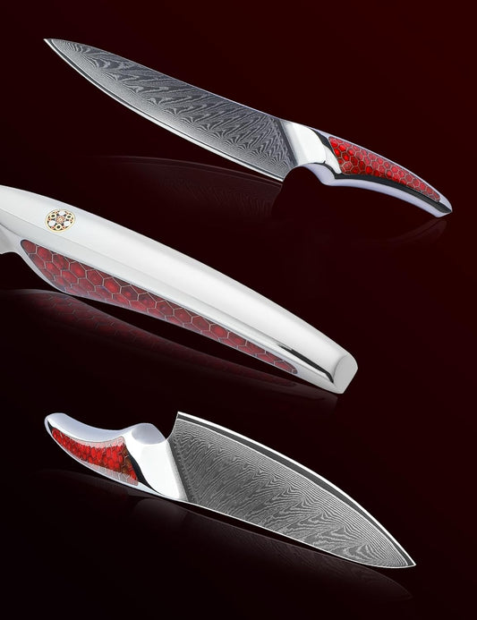 5 inch Utility Knife, Japanese VG-10 Damascus Steel Kitchen Knife, Ultra Sharp Fruit Knife with Full-tang Handle in Red Resin, LA-S9 Series