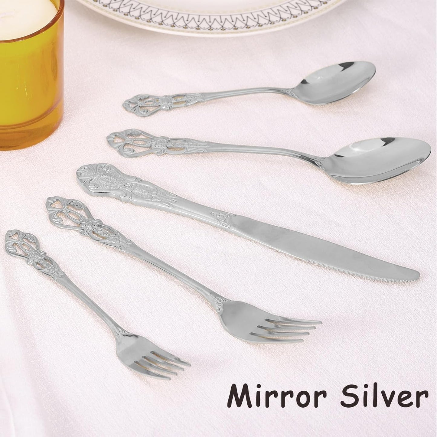 Silverware Set for 8, Stainless Steel Gorgeous Retro Royal Flatware Set, 40-Pieces Cutlery Tableware set, Kitchen utensils set Include Spoons And Forks Set, Mirror Finish, Dishwasher Safe