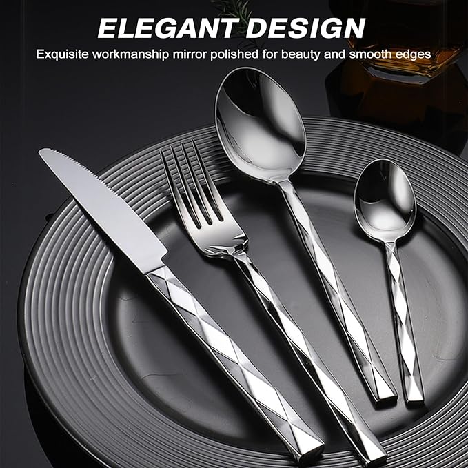 40-Piece Silverware Set, Luxury Silverware Set for 8, Stainless Steel Flatware with Diamond Cut Pattern, Mirror Polished Utensil Sets, Dishwasher Safe