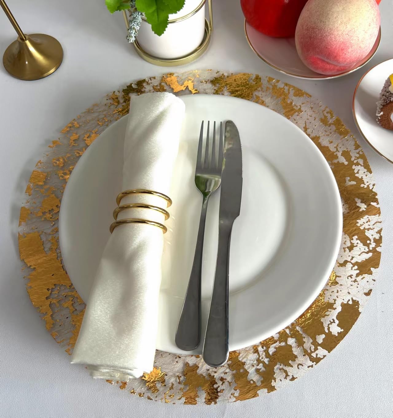 Disposable Gold Placemats Set of 50 Metallic Thin Round 13 Inch Gold Doilies Mesh Pressed Fall Table Mates 50 Pack Gold Charger Plates for Wedding, Birthday Party